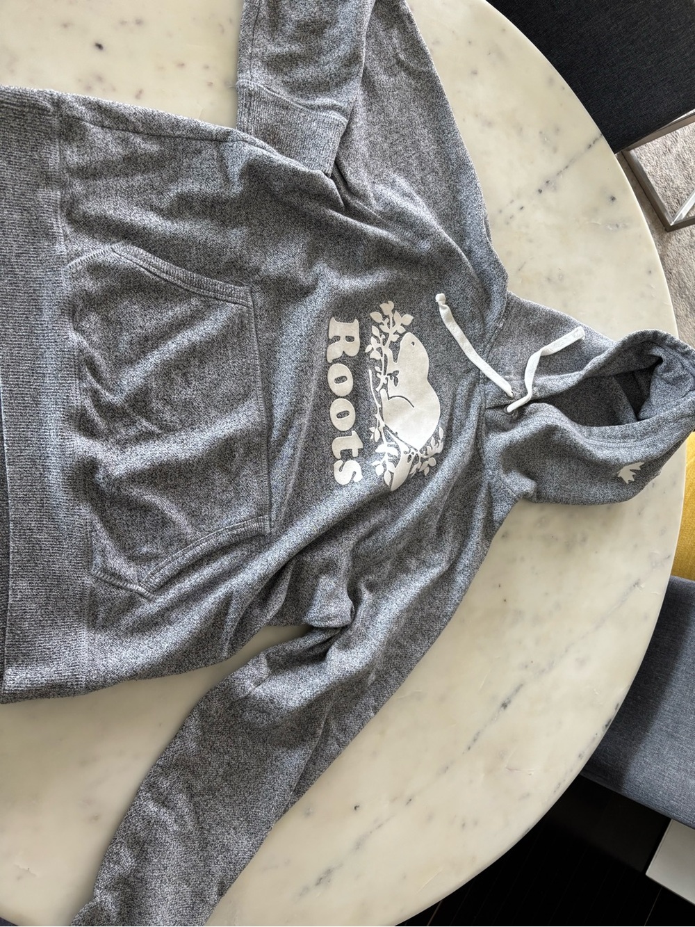 Roots Gray Marled Hoodie with White Drawstrings